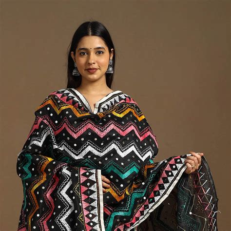 Multicolor Ranihati Chanderi Silk Zig Zag Hand Embroidery Dupatta