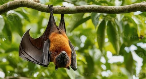 Fruit bat hanging upside down in lush green tropical forest environment ...