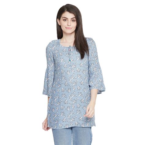 Buy EVALONA Light Blue Printed Round Neck Bell Sleeve Rayon Short Kurti ...