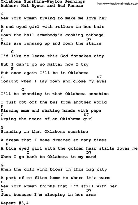 Country Music:Oklahoma Sunshine-Waylon Jennings Lyrics and Chords