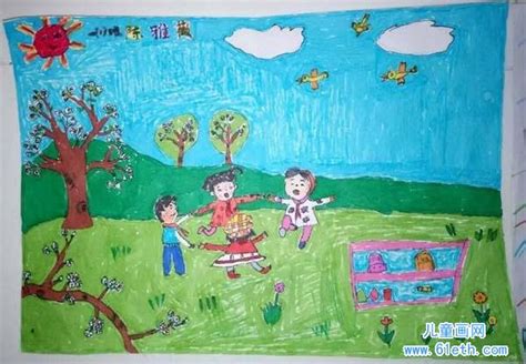 二年级春游儿童绘画图片：野外玩游戏_儿童画网