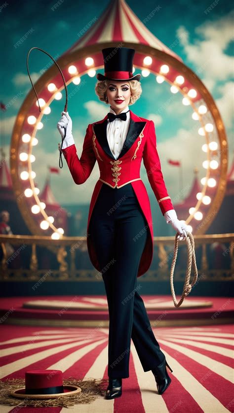 A glamorous woman dressed as a circus ringmaster with a red tailcoat ...