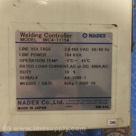 Nadex IWC4-11154 Nadesco Welding Controller, 460VAC, 50/60Hz - IMS Supply