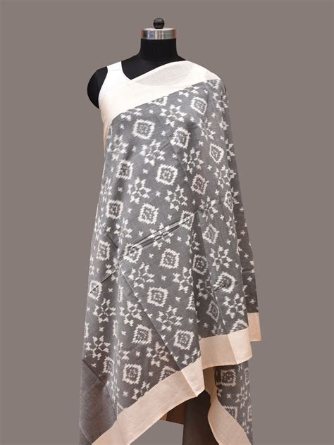 Light Grey Pochamaplly Ikat Cotton Handloom Dupatta with Telia Design ...