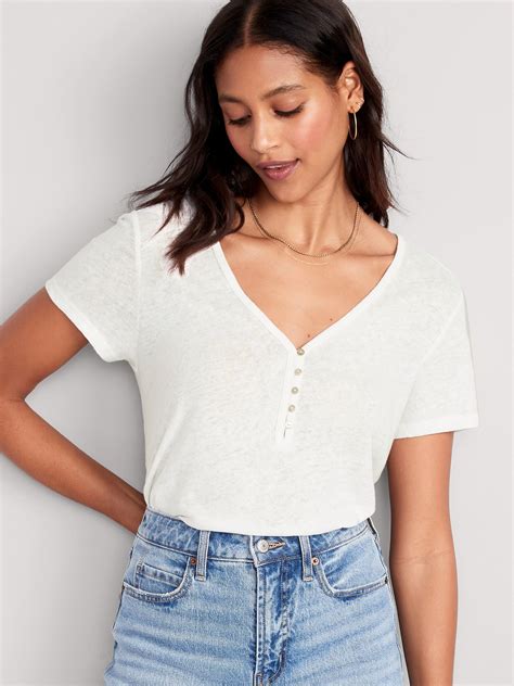 Old Navy Linen-Blend V-Neck Henley T-Shirt for Women white - 636466032