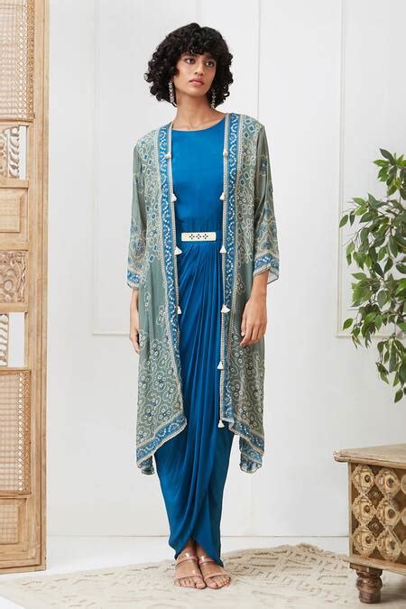 Buy Blue Crepe, Chiffon Embroidery Round Neck Solid Dress With Bandhej ...