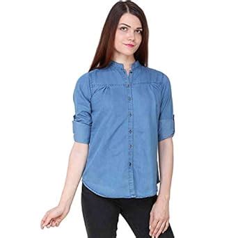 Buy C.Cozami Women's Solid Casual Long Sleeves Blue Denim Shirts (Light ...