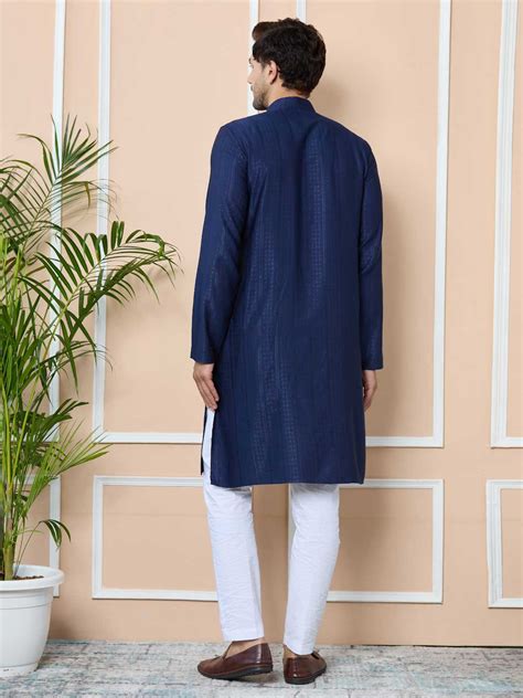 Navy Jacquard Mandarin Collar Straight Kurta with Pyjama – See Designs