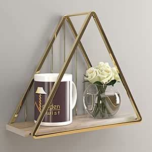 Wooden Twist Metallic Wooden Storage Wall Shelf (Golden Triangle ...
