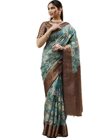 Buy Satrani Women's Silk Floral Printed Weaving Saree with Unstitched ...