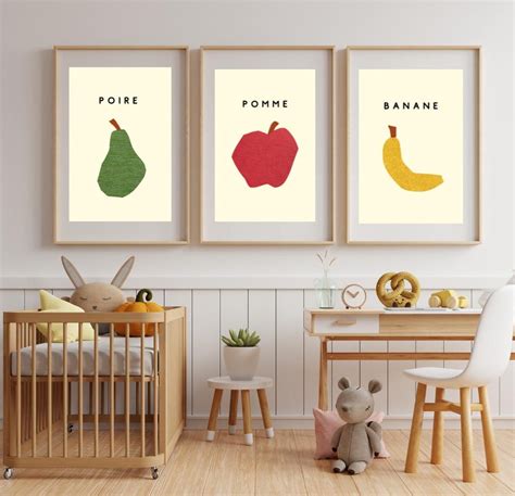 Wall Picture Set of 3 Posters Pear/ Apple /banana in French Children's ...