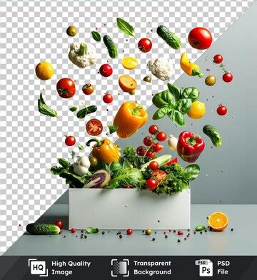 Transparent object veggies falling mockup into a box on a transparent ...