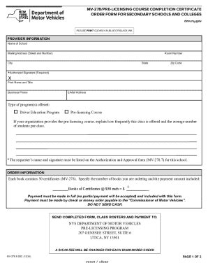 Mv-278/pre-licensing Course Completion Certificate Order Form For ...