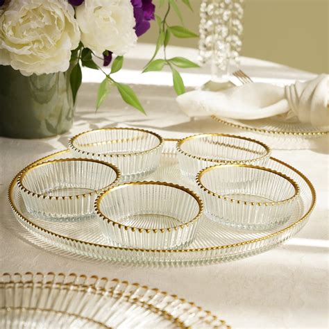Set of 5 Clear and Gold Ribbed Bowls with Plate
