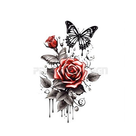 Red Roses With Butterflies Tattoo White Background Detailed High ...