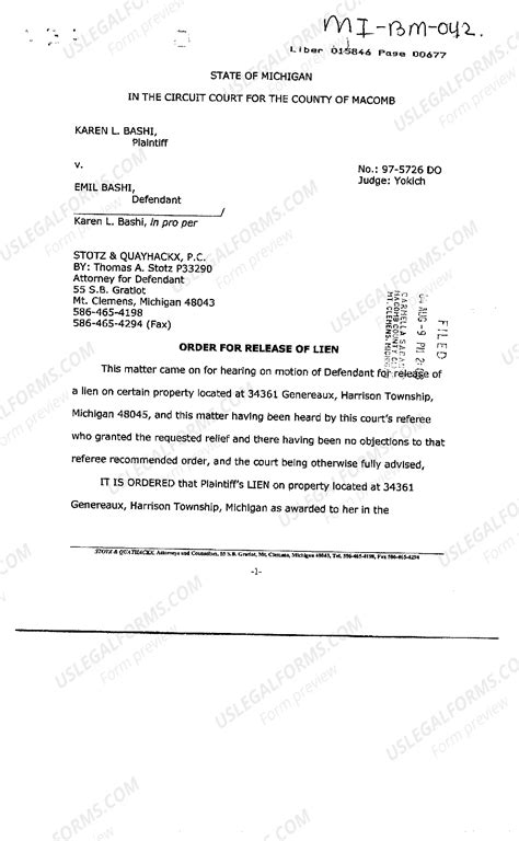 Michigan Order for Release of Lien | US Legal Forms