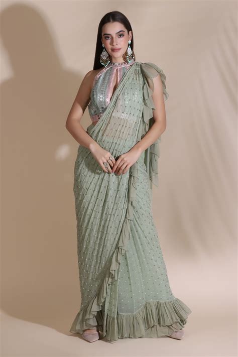 Leather Sequin Dori Blouse With Ruffle Saree – Yashodhara