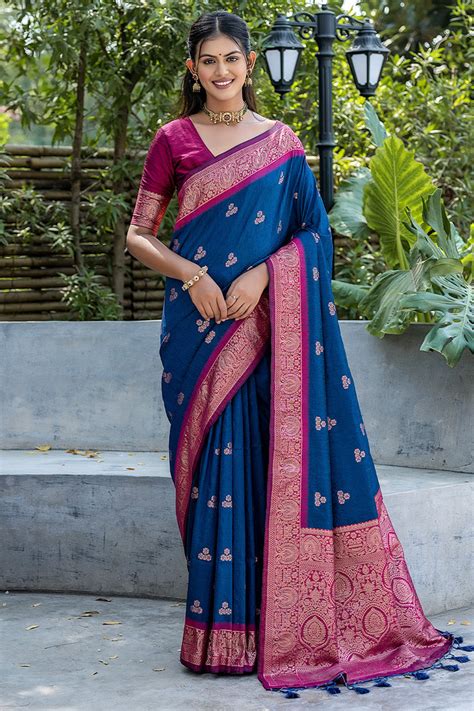 Buy Navy Blue Banarasi Silk Blend Saree With Blouse Piece online-Karagiri