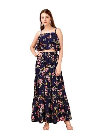 Buy PREYSI FASHIONS Women's Floral Print Crepe Top with Long Skirt Set ...
