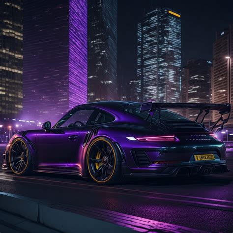 Porsche 911 GT3 RS Car Print Realistic Luxury Purple Sports Car Wall Art Futuristic Cityscape 1: ...