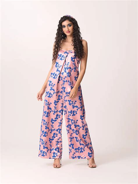 Pink & Blue Floral Stone Work Satin Jumpsuit – Dalmabyshalini