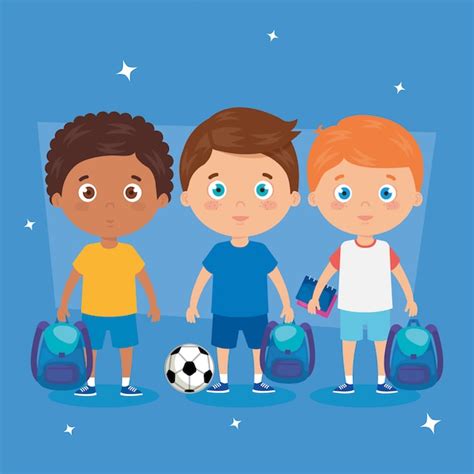 Little boys with school bags and soccer ball | Premium Vector