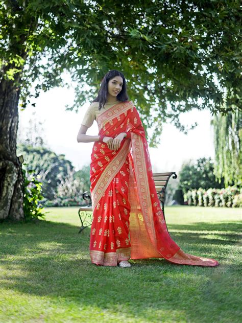 Buy Carrot Red Viscose Saree With Golden Border - Binal Patel