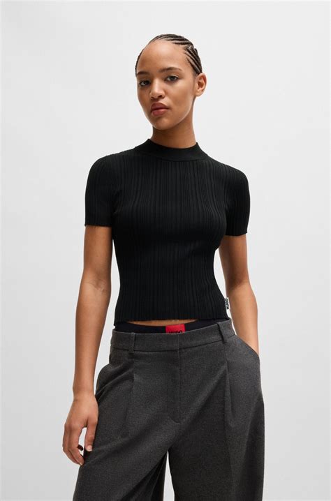 HUGO - Mock-neck knit t-shirt with irregular ribbing - Black