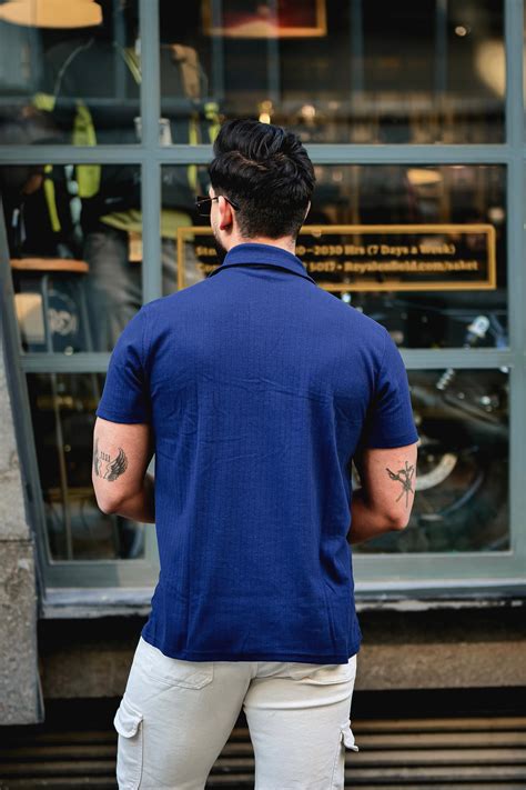 Navy Self Design Drop Needle Zipper T-Shirt – Gritstones