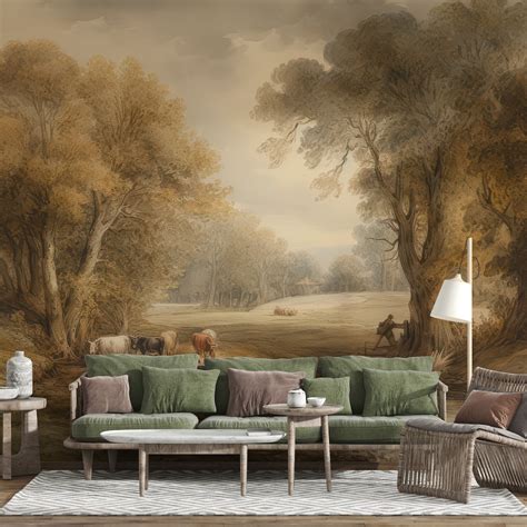 Rustic Rural Painting Wall Mural, Nature Watercolor Landscape Wallpaper ...