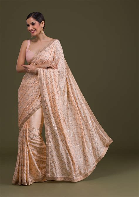 Buy Peach Threadwork Semi Crepe Saree - Koskii