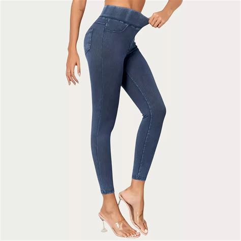Women's High Waist Denim Look Leggings with Smooth Stretch Fabric Faux ...