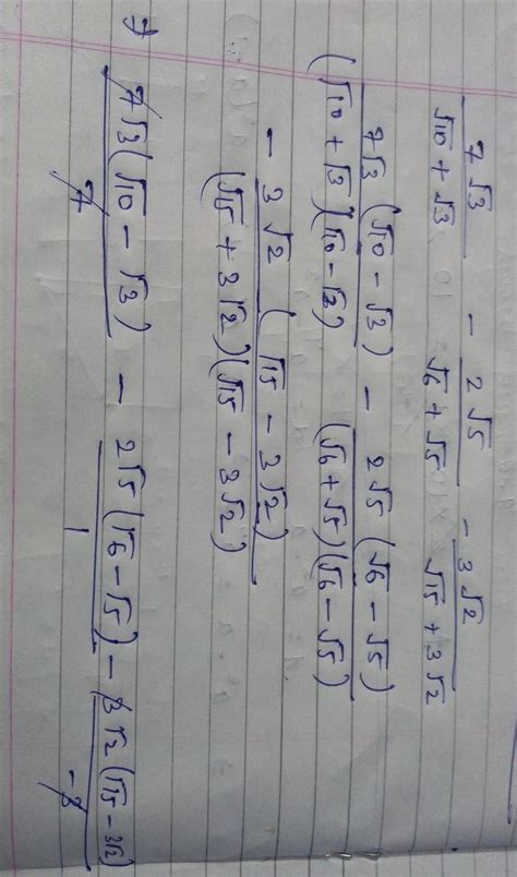Simplify 7 root 3 ÷ root 10 +root 3 -2root 5÷root 6 + root 5 - 3 root 2 ...