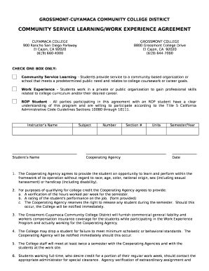 COMMUNITY SERVICE LEARNING/WORK EXPERIENCE AGREEMENT Doc Template ...