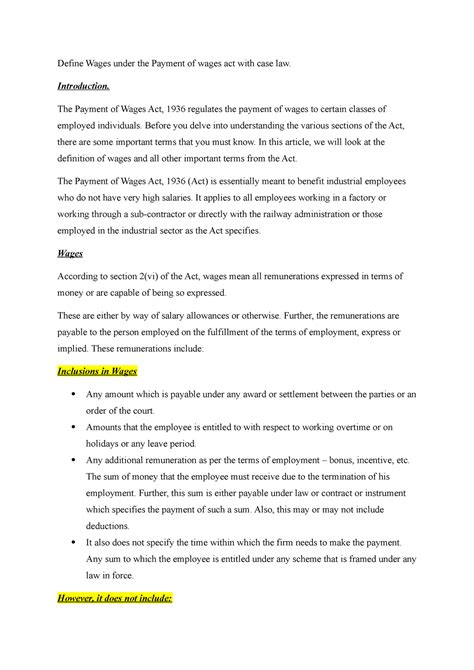 Define Wages under the Payment of wages act with case law ...