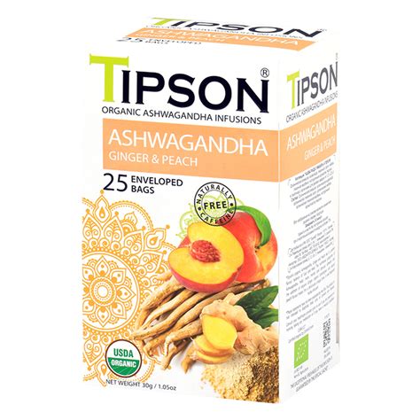 Tipson Organic Ashwagandha Ginger and Peach 25 Enveloped Tea Bags ...