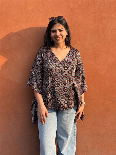 Nysa Ajrakh Hand Block Print Modal Silk Kaftan Top