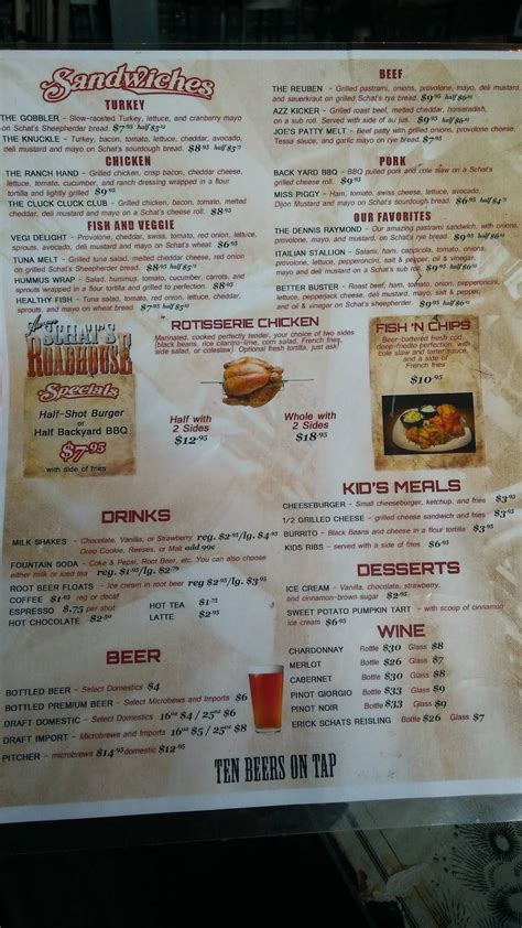 Menu at Aaron Schat's Roadhouse restaurant, Bishop