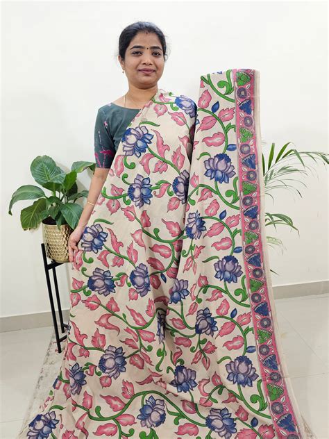 Cotton Kalamkari Saree - Cream with Pink – Looms Legacy