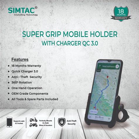 SIMTAC Super Grip Mobile Holder with charger ( QC 3.0) Bikes/ Scooters ...