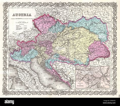 Beautiful vintage hand drawn Colton's map of Austria-Hungary from 1860 ...