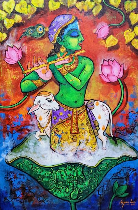 "Krishna 1": Blue-Green Religious painting by Arjun Das – ArtZolo.com