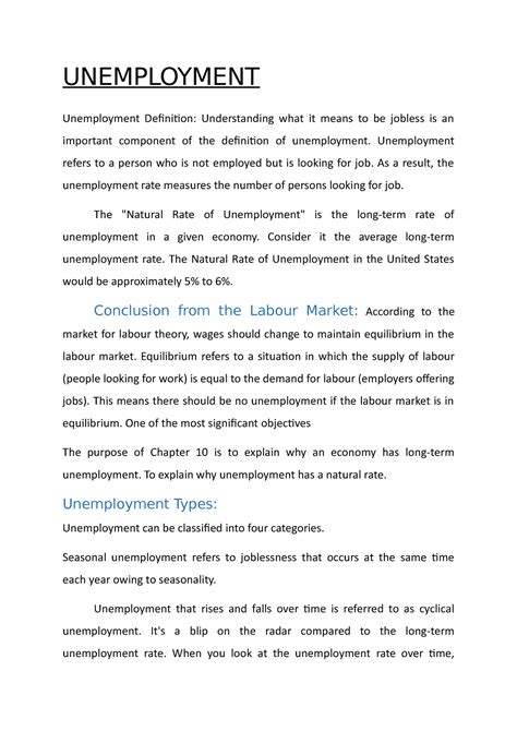 Unemployment - Lecture notes 18 - UNEMPLOYMENT Unemployment Definition ...