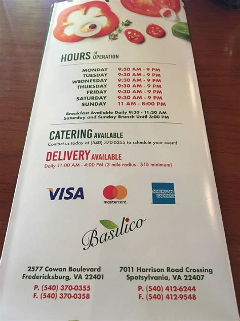 Menu at Basilico New York Deli restaurant, Fredericksburg, Harrison Rd