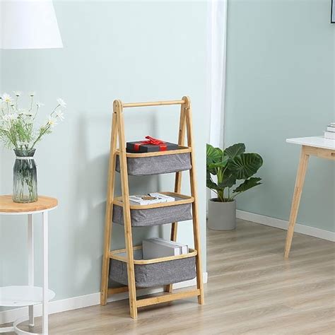 Lukzer 3 Layer Foldable Bamboo Storage Rack with Fabric Baskets – Mult