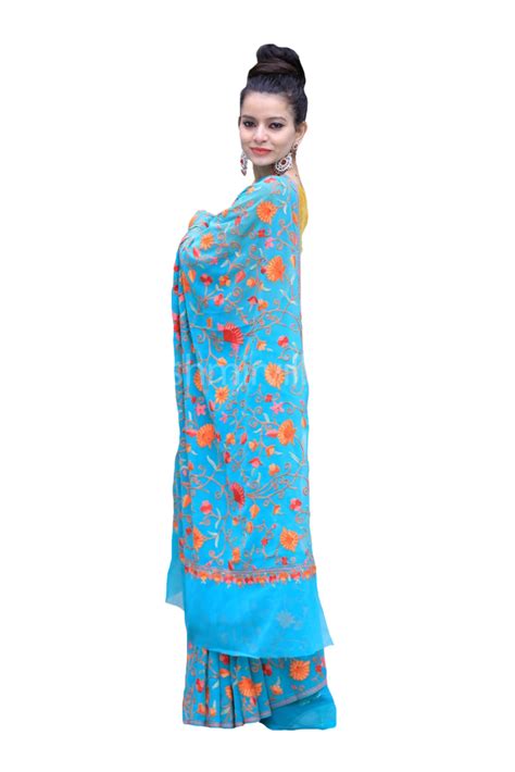Sea blue color kashmiri aari work embroidered saree enriched