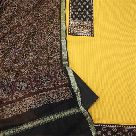 Rushna Sunflower Yellow Ajrak Printed Patch with Kantha Cotton Suit Se ...