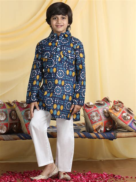 Cutiekins Boys Tropical Print Shirt Collar Kurta with Pajama -Dark Blu