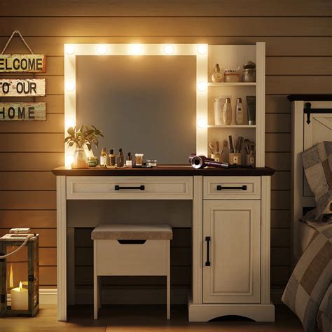 43" Chester Farmhouse Vanity Table with LED Mirror, Drawers, and Makeup ...