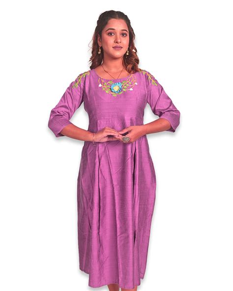 Purple Dupion Silk Hand-Embroidered Dress – Kafni